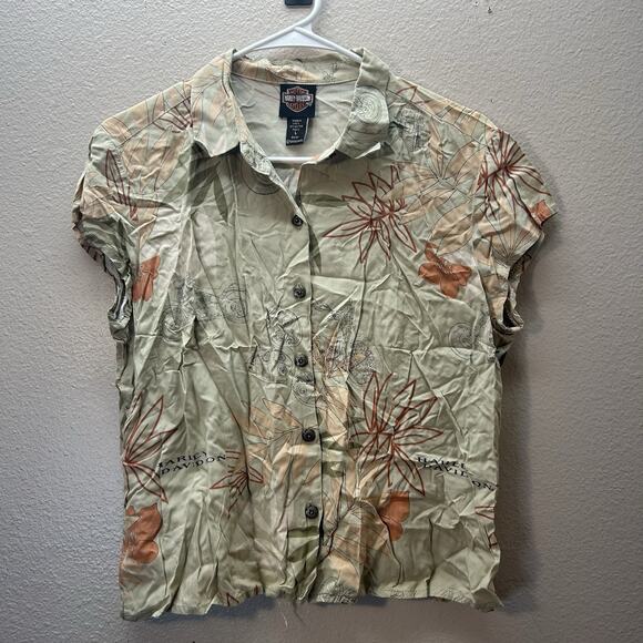 Vintage Harley Davidson Shirt Womens Green Tori Richard Button Up Hawaiian ￼ - Picture 1 of 8